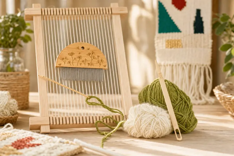 A warped wooden frame loom with a half-moon comb resting against the warp threads, a wooden needle and two balls of green and cream yarn beside it, and a finished fringed weaving hanging on the wall behind