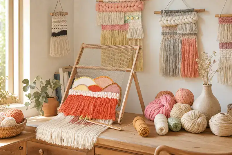 Hands weaving colorful yarn across a LoomCraft wood-frame weaving loom