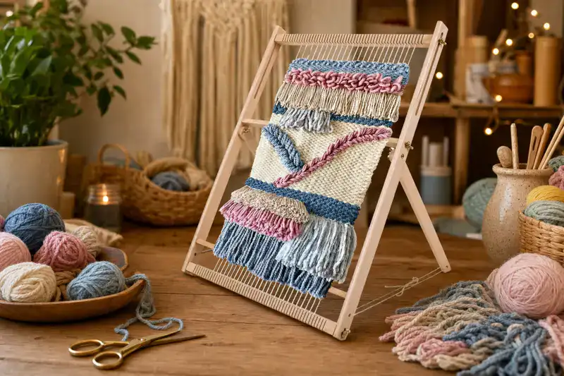 A finished weaving with thick pink, cream and blue fringe still mounted on its wooden A-frame loom, with gold scissors and a pile of trimmed yarn tails on the table beside it