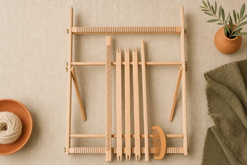 LoomCraft weaving loom kit with wood frame, comb, forked shuttles, and yarn